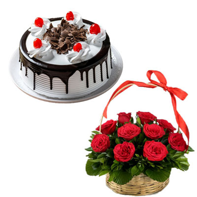 "Round shape chocolate cake - 1kg, 12 Red roses flower Basket - Click here to View more details about this Product